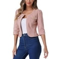 thumbnail image 4 of INSPIRE CHIC Women's Denim Jackets Collarless 3/4 Sleeves Crop Jean Cardigan Jackets S Pink 1, 4 of 6