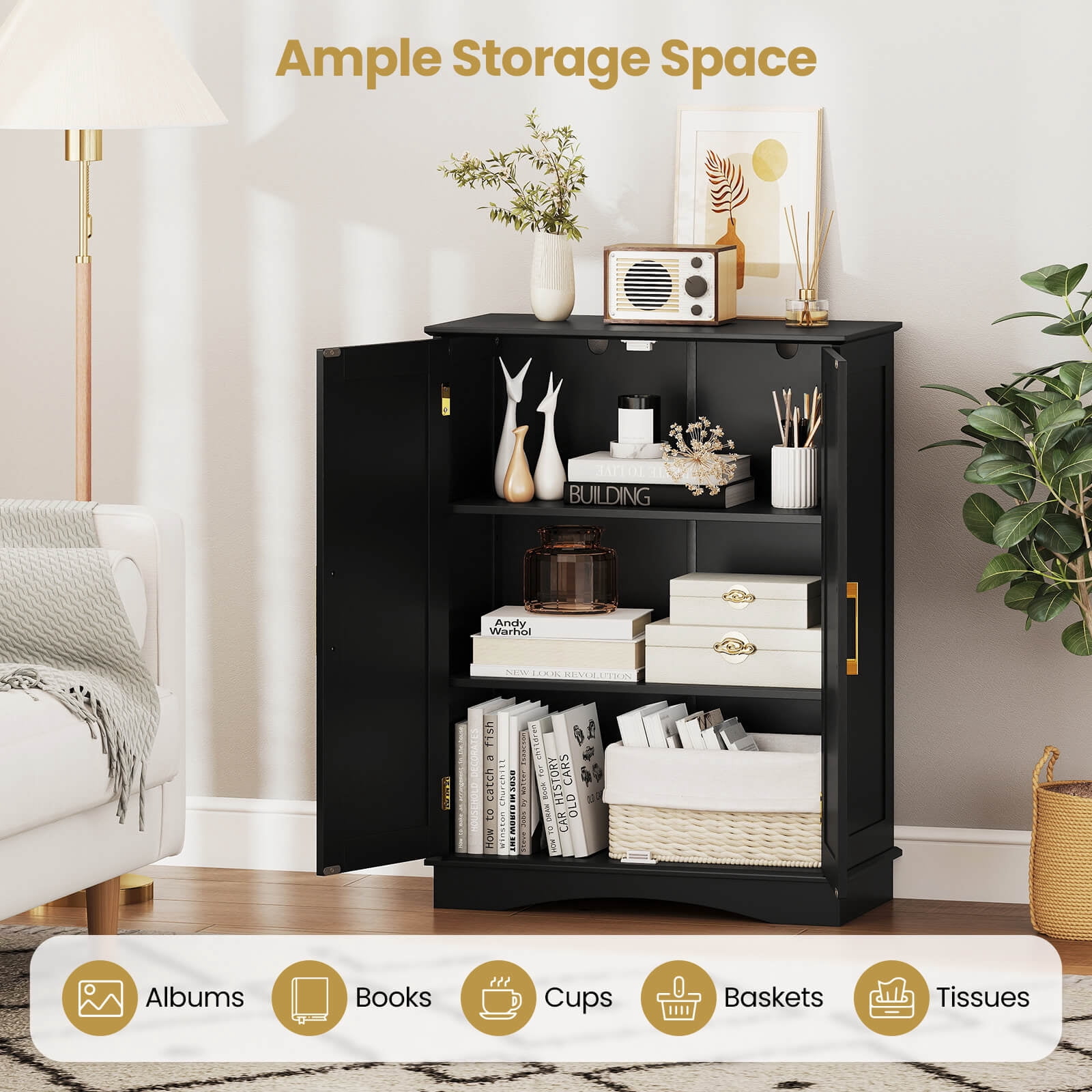 Costway Floor Storage Cabinet Modern Storage Organizer with Adjustable Shelves &2 Doors