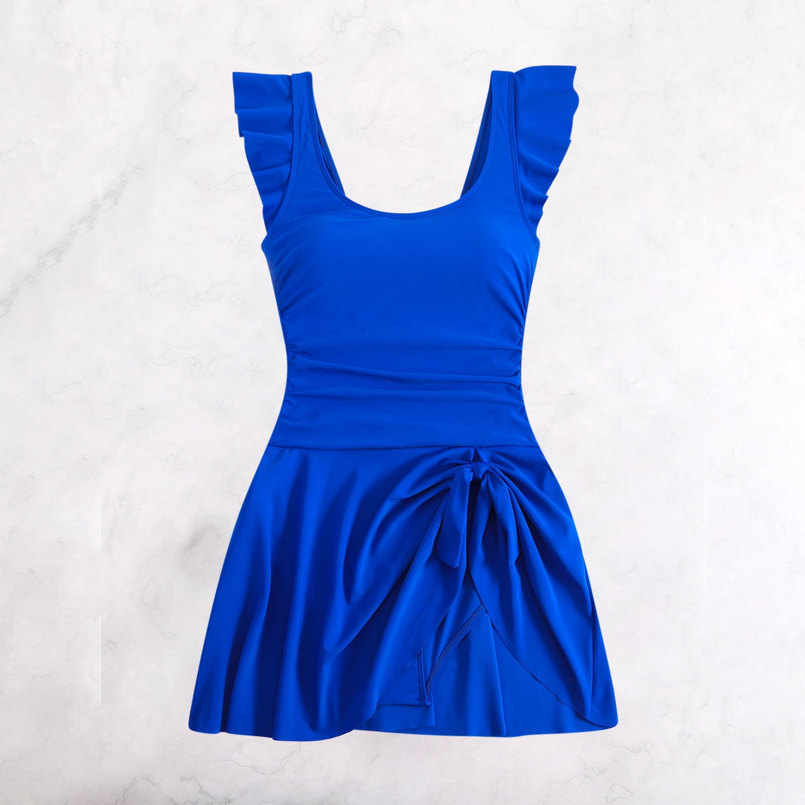 UPPADA Women One Piece Swimsuit Dress Halter Wrap Bathing Suit Ruched Retro Swimdress Bathing Suit V Neck A Line Skirt Crossover Modest Bathing Suits Blue,M