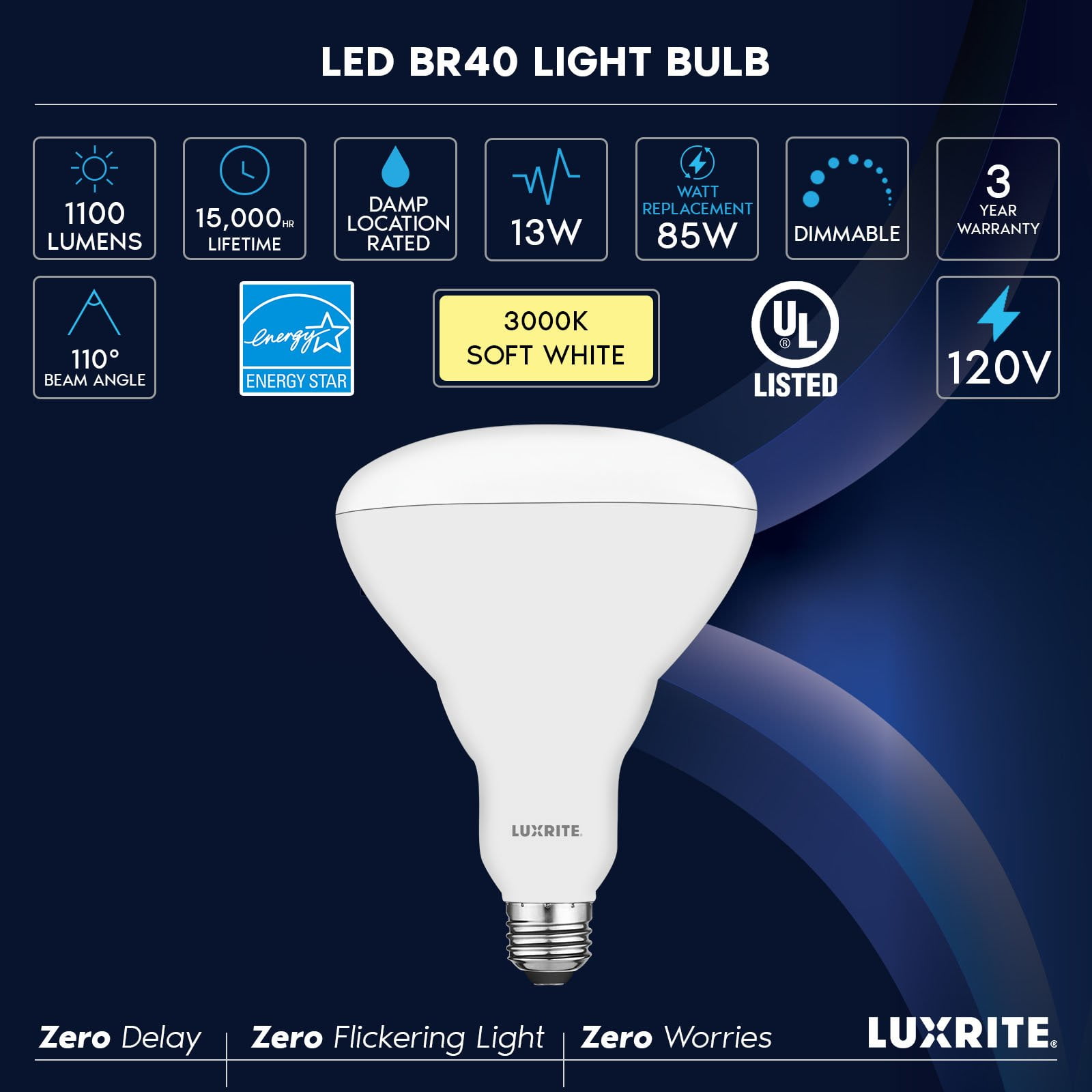 Luxrite BR40 LED Light Bulbs, 13W=85W, 3000K Soft White, Dimmable, 1100 Lumens, E26 6 Pack