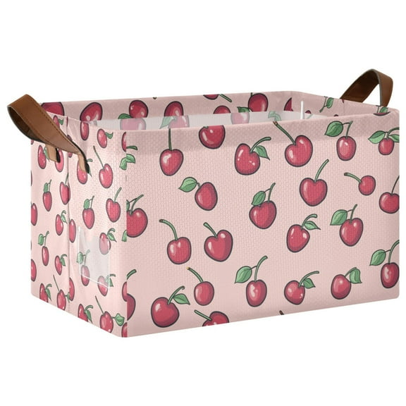 Yayeee Foldable Storage Basket for Shelves with Handles Waterproof Cloth Bins, Cherries Pattern