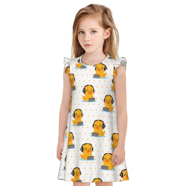 Balery Cute Duck With Headphone Camisón de princesa para niñas, pijama de algodón con mangas abullonadas, suave y bonito.-X-Large