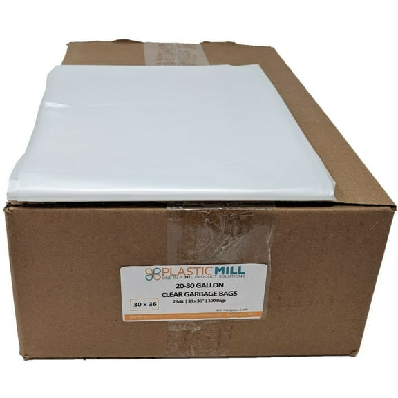 PlasticMill 20-30 Gallon, Clear, 2 MIL, 30x36, 100 Bags/Case, Heavy Duty, Garbage Bags / Trash Can Liners.