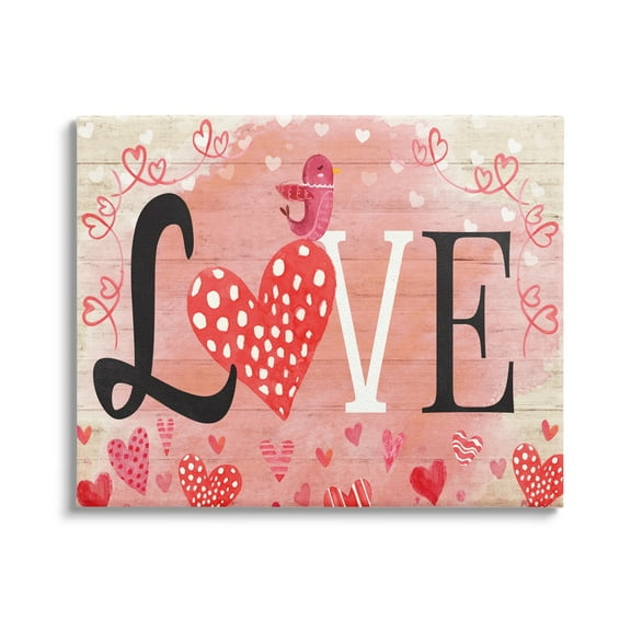 Stupell Romantic Love Patterned Hearts Bird Holiday Painting Gallery Wrapped Canvas Print Wall Art