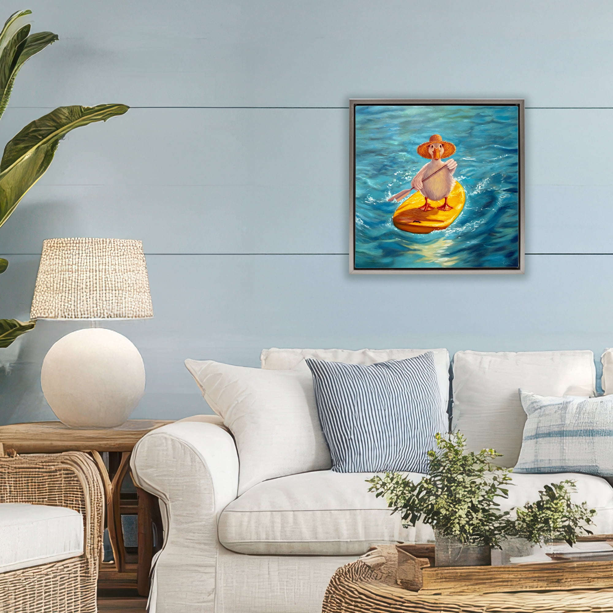 Stupell Industries The Paddler Duck with Straw Hat Gray Framed Floater Canvas Wall Art, design by Lucia Heffernan