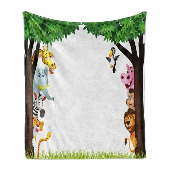 Cartoon Soft Flannel Fleece Throw Blanket, Big Trees and Friendly Jungle Safari Animals Wilderness Tropical Wildlife, Cozy Plush for Indoor and Outdoor Use, 70" x 90", Multicolor, by Ambesonne