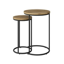 CorLiving Fort Worth Light Brown Faux Wood Grain Finish Engineered Wood Round Tall Nesting Side Tables with Black Steel Base