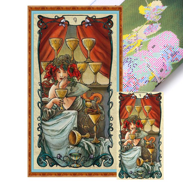 Hilo Algodón Ecológico Bordado 11CT 3 Hebras Impresión Cartas Tarot 40*70cm Kit Serie Naturaleza Muerta Punto Cruz Nueve Tazas Wdftyju