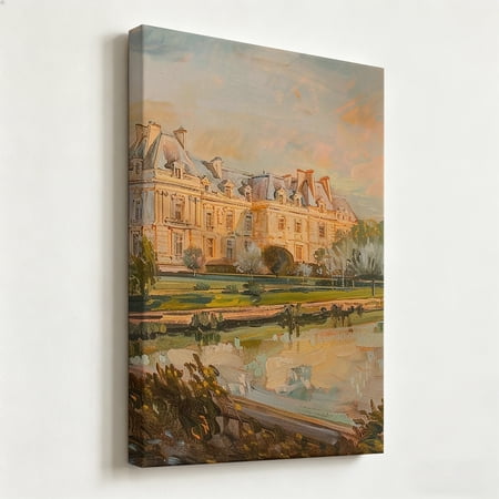 Vintage French Chateau Estate Canvas Wall Art - Impressionist Palace Reflection Oil Painting Print - Matte Finish Gallery Wrapped European Country Decor Ready to Hang 8*12