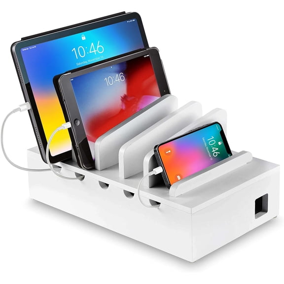 Bamboo Charging Station for Multiple Devices (White) Wood Device Organizer, Desk Docking Stand for Cell-Phone Charger, Compatible with Apple, Android, iPad, iPhone, Tablet, Laptop