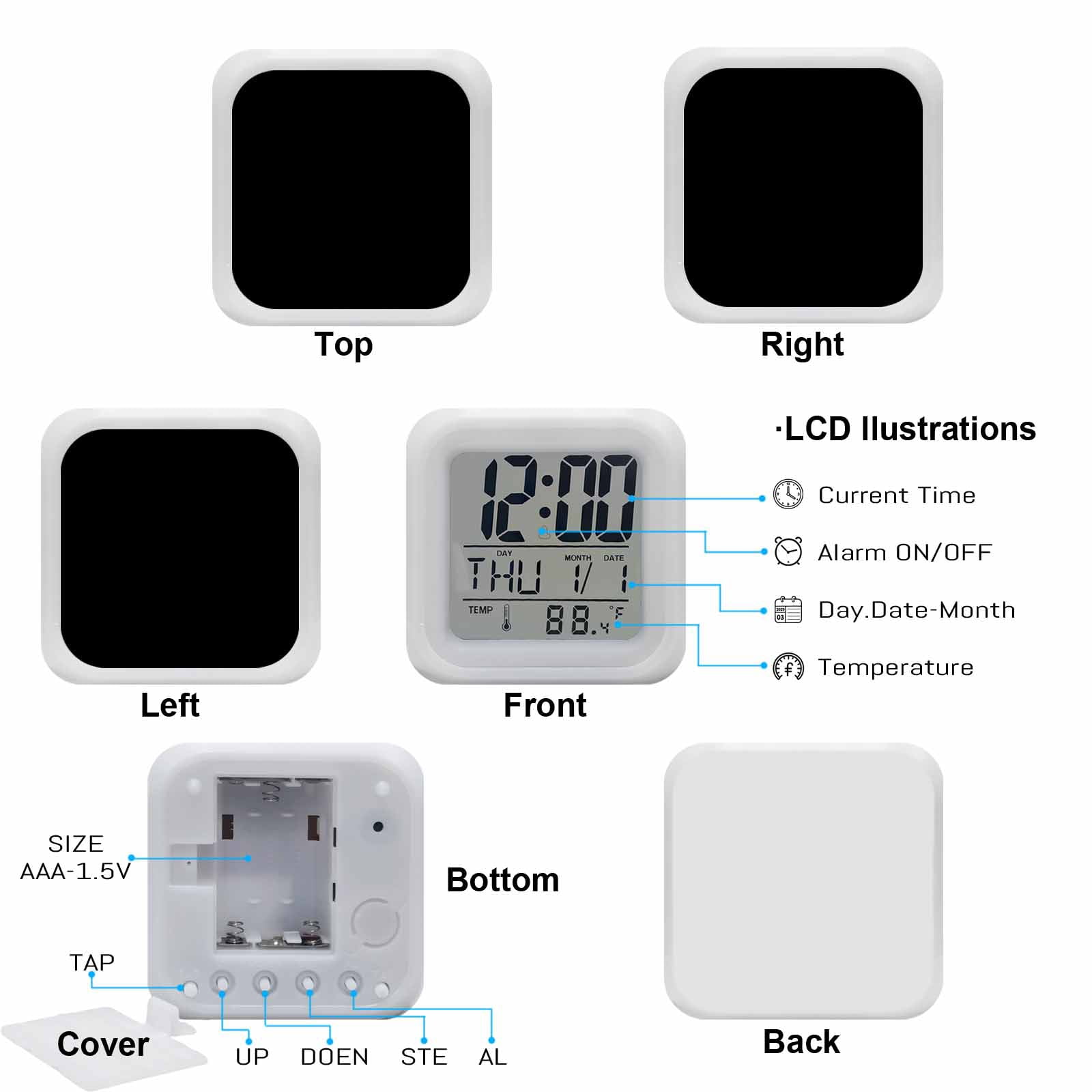 Black Digital Alarm Clock for Bedrooms, Smart LED Alarm Clock with 7 Color Changing Night Light, Pure Black Silent Wake Up Clocks for Sleep Study Cooking 3.2"x3.2"