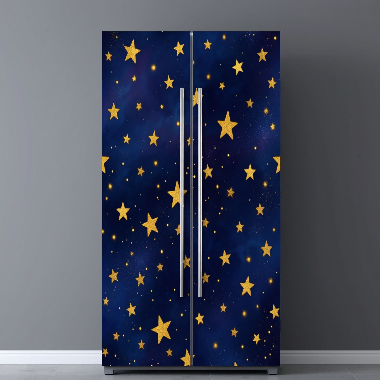 Self Adhesive Vinyl Refrigerator Wrap Set Golden Stars Deep Blue Night Sky Door Mural Removable Fridge Sticker Peel and Stick&nbsp;Full Door Cover Decal Kitchen Bar Decor