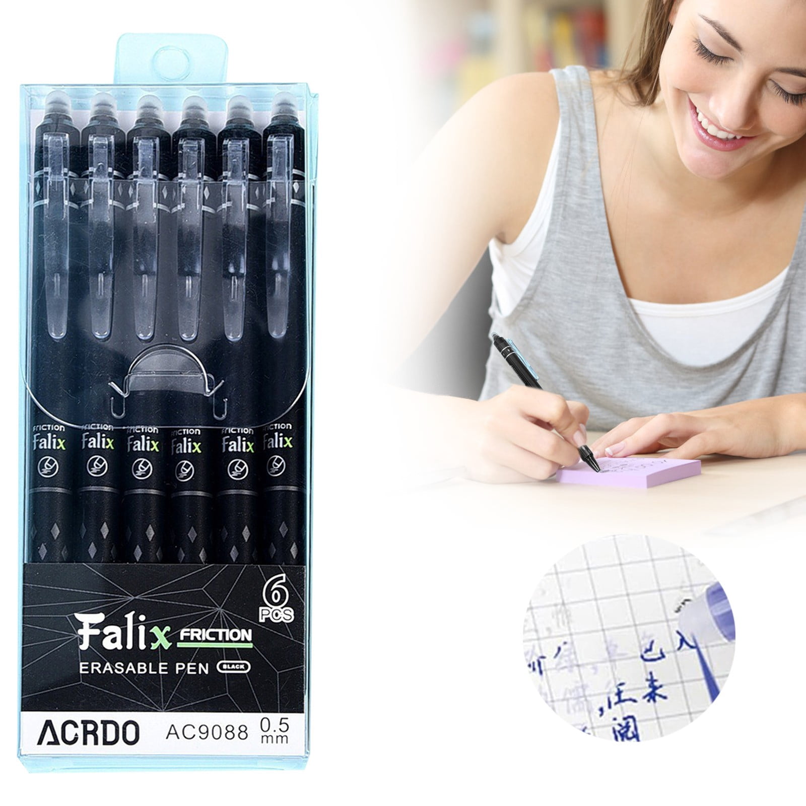 Retractable Erasable Gel Pens, 0.5Mm Blue Ink Smooth Writing Pen with Rubber Eraser, Clicker Pen for Daily Writing Marking Signing, office Office Stationery Supplies, 6 Gel Pens