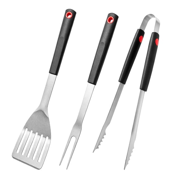 3-Piece Black BBQ Grill Tools Set, Stainless Steel with Soft Grip Handles, Dishwasher Safe