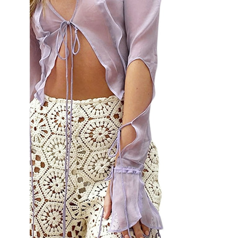 LisenraIn Women Sheer Blouse Crop Top Ruffle Lace Up See Through Mesh Flare  Long Sleeve Shirt Cardigan Streetwear