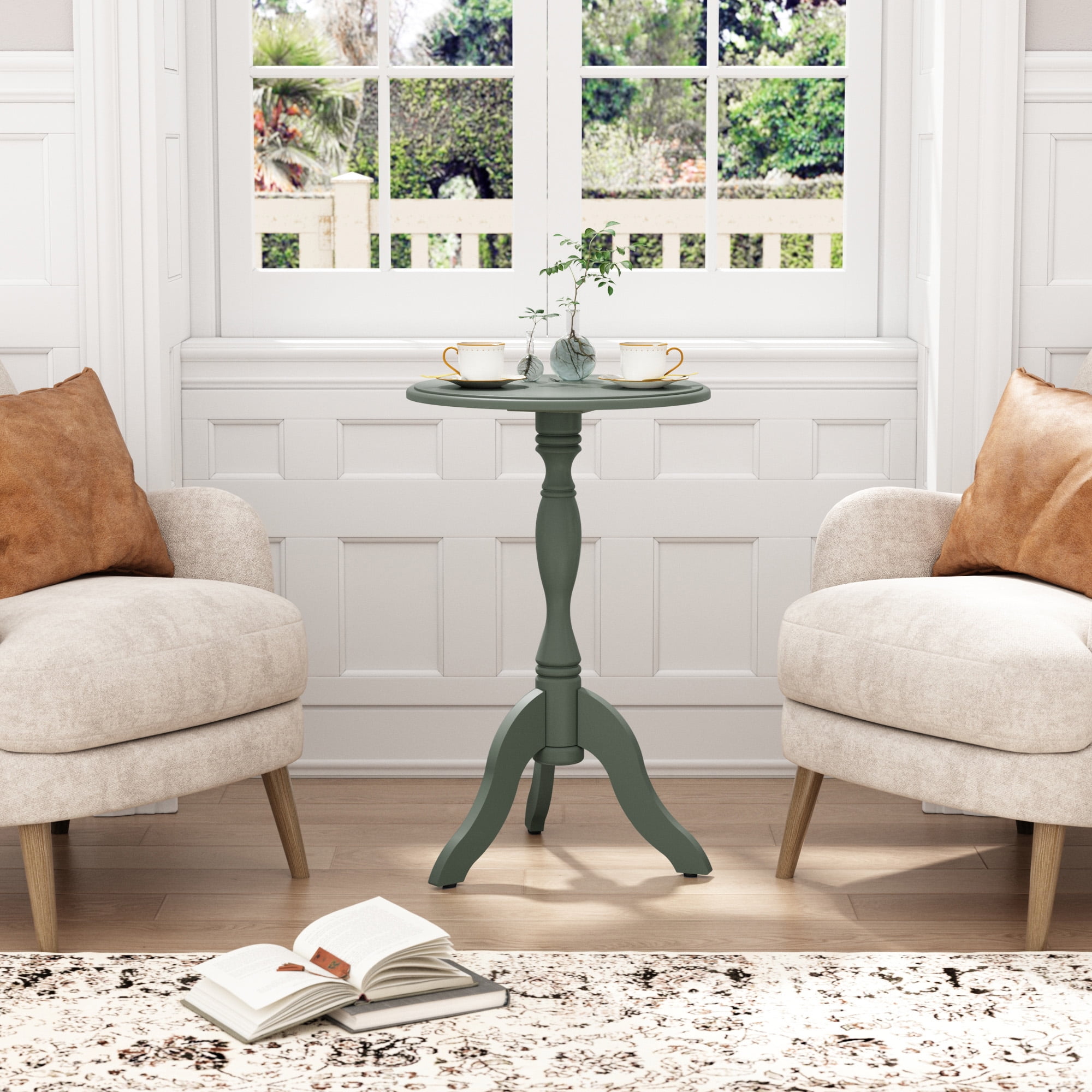 HLR Round Small End Table, Wooden Pedestal Side Coffee Tables, Vintage Accent Nightstand for Living Room, Bedroom, Entryway (2, Green)