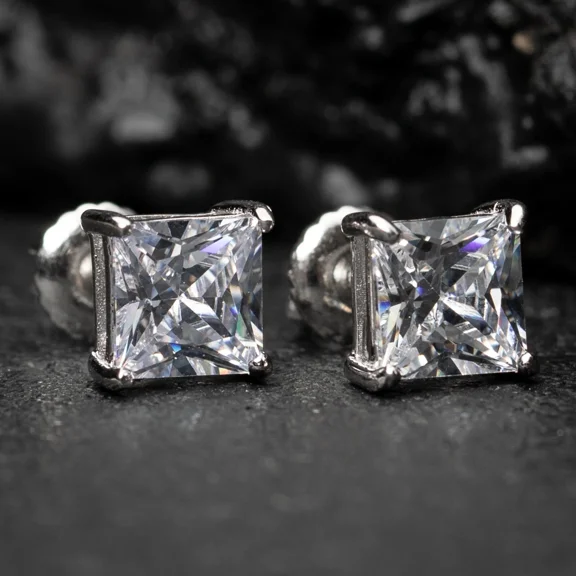 Square Princess Cut Sterling Silver 6mm Unisex Small Screw Back Stud Earrings