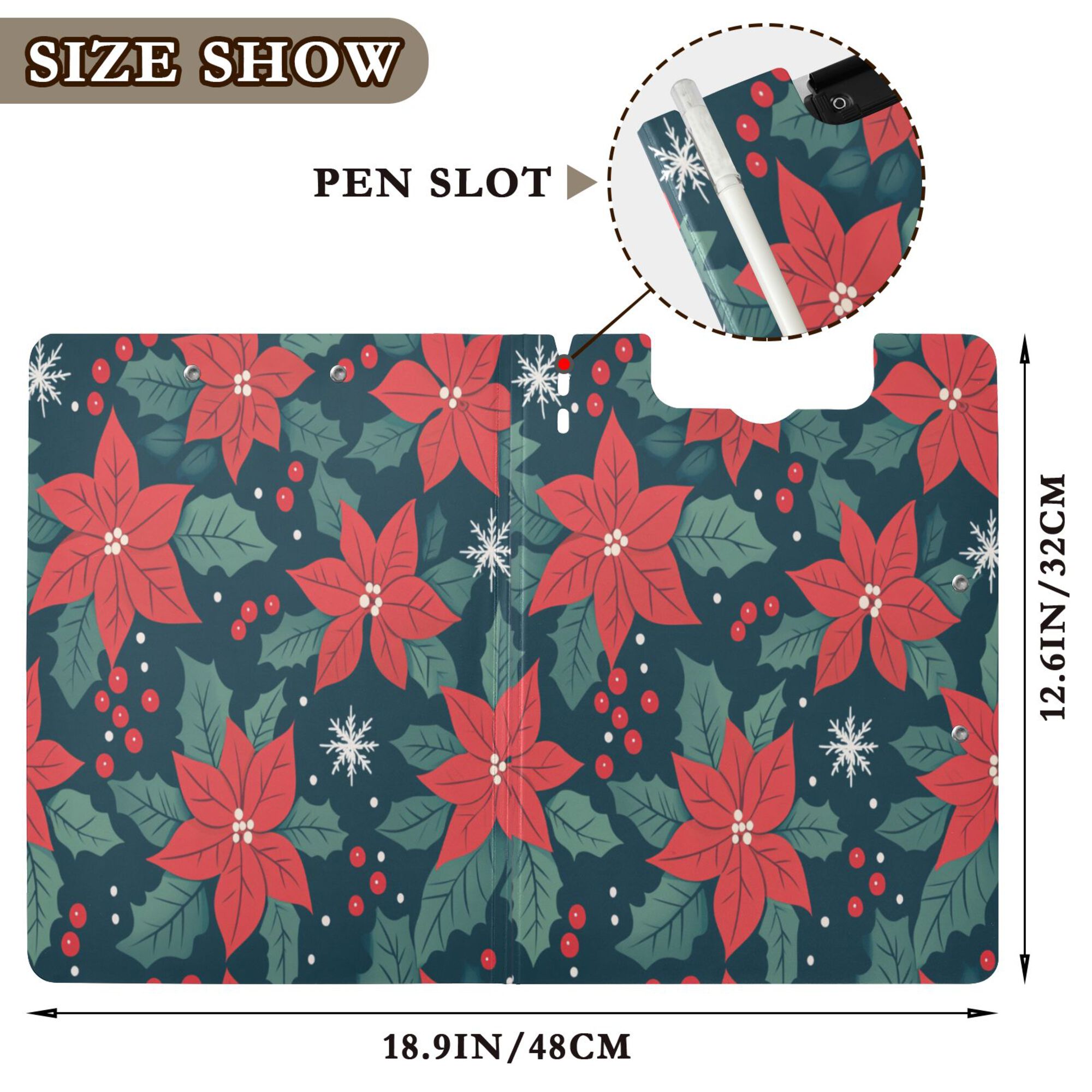 FORMRS A4 Clipboard Folder with Pen Holder Horizontal Foldable School Office Binder, Red Christmas Leaves