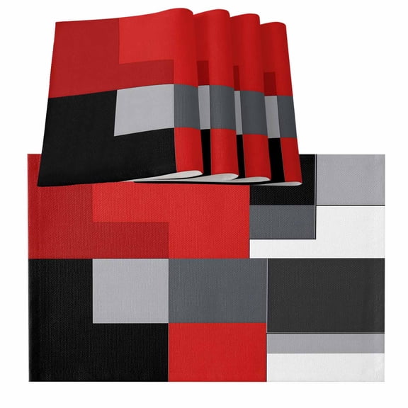 Red Black Grey Placemats for Dinning Table Set of 4, Abstract Modern Irregular Geometric Burlap Kitchen Place Mats Waterproof Cloth Table Mats, Indoor Outdoor Placemats Easy Clean Dinner Decor