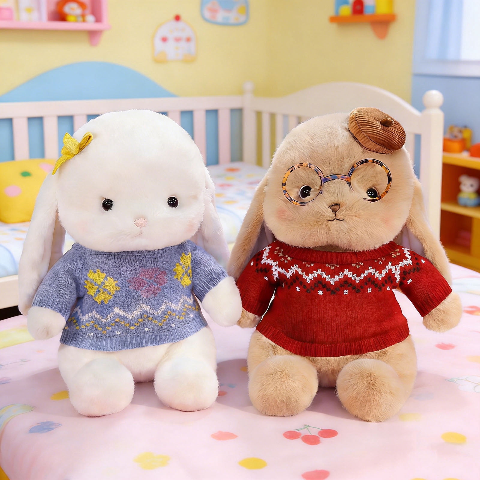 Bunny Rabbit Plush Toy Stuffed Animal in Sweater with Glasses,Wise Long Eared Bunny Doll Soft Hugging Cushion for Home Decor