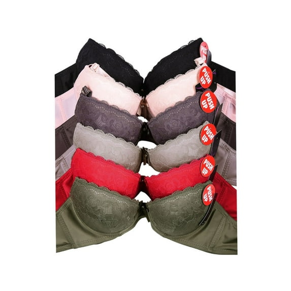 LAVRA Women's 6 Pack of Full Cup Push Up Bras Floral Lace Plain Design