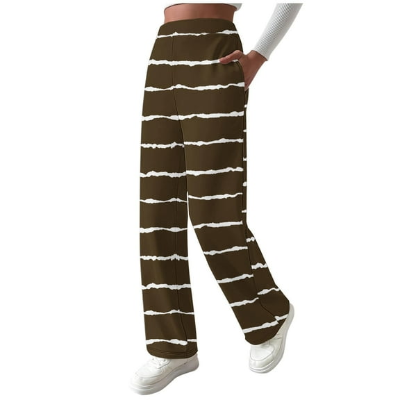 Enjoytime Casual Pants for Women Striped High Waist Wide Leg Trousers Fall Winter Warm Loose Comfy Lounge Pants with Pockets Brown XXL