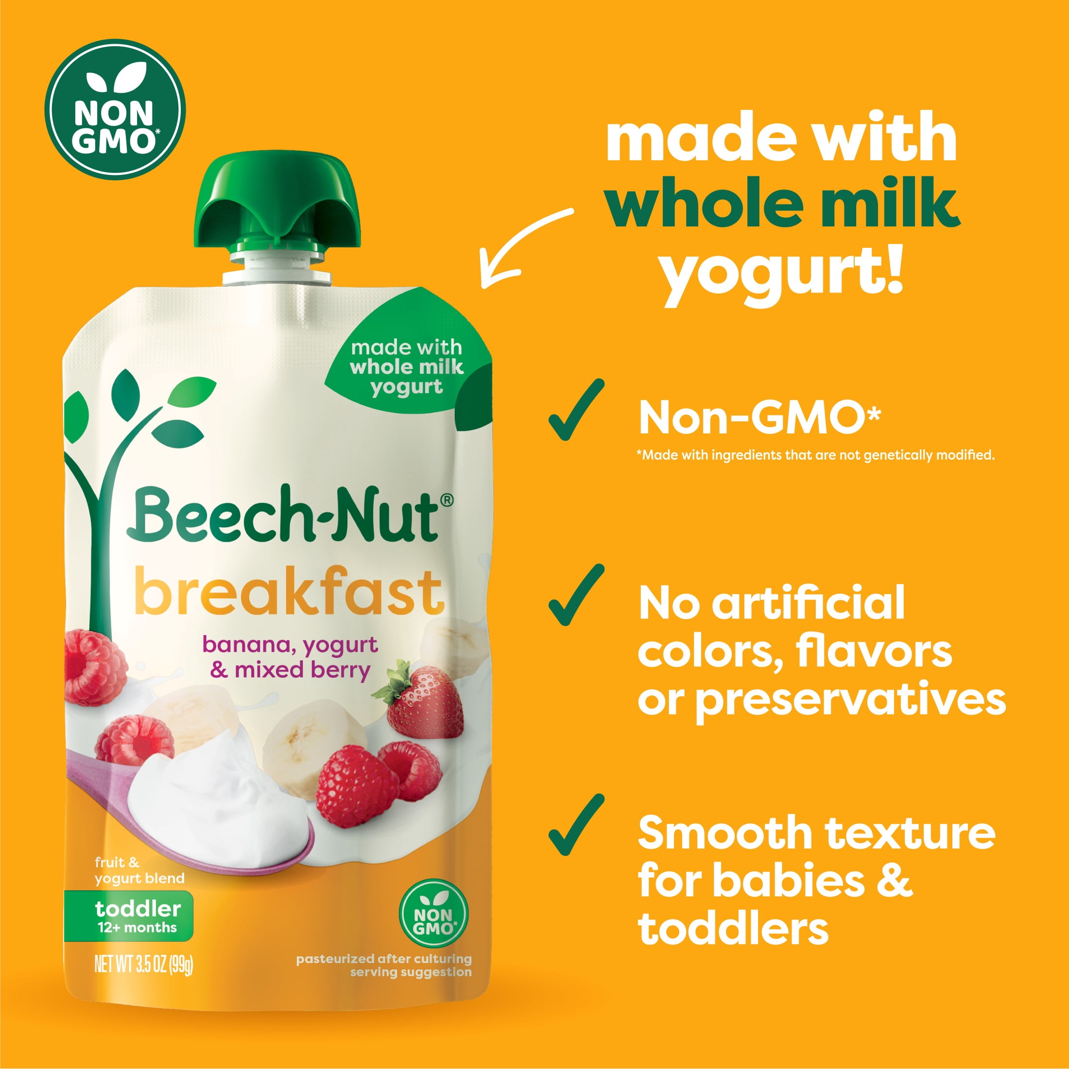 (12 pack) Beech-Nut Breakfast Stage 4 Toddler Food, Yogurt Banana & Mixed Berry, 3.5 oz Pouch