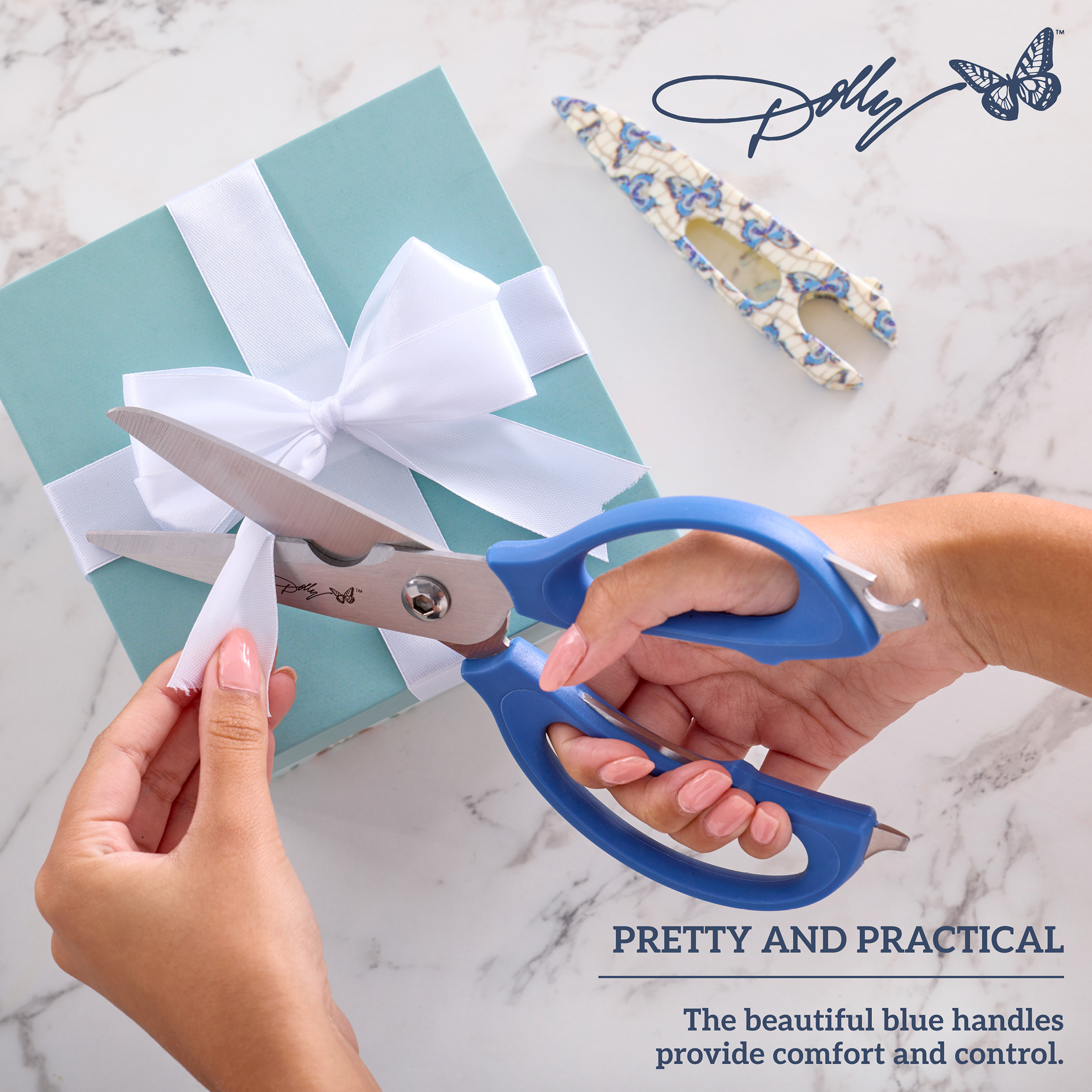 Dolly Parton 4-in-1 Kitchen Scissors with Blue Butterfly Pattern for Everyday Use