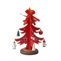 DIY Wooden Christmas Tree with Ornaments & Base, Rustic Tabletop Xmas Tree Centerpiece for Holiday Home Décor, Small Wood Christmas Tree Decoration for Desk, Mantel & Festive Display (Red)