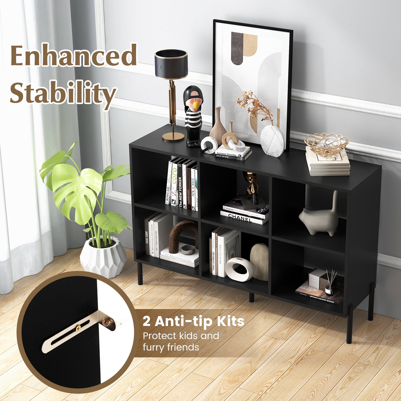Giantex 6 Cube Storage Organizer Bookshelf, Wood Open Bookcase w/Metal Legs, Adjustable Display Shelf, Black