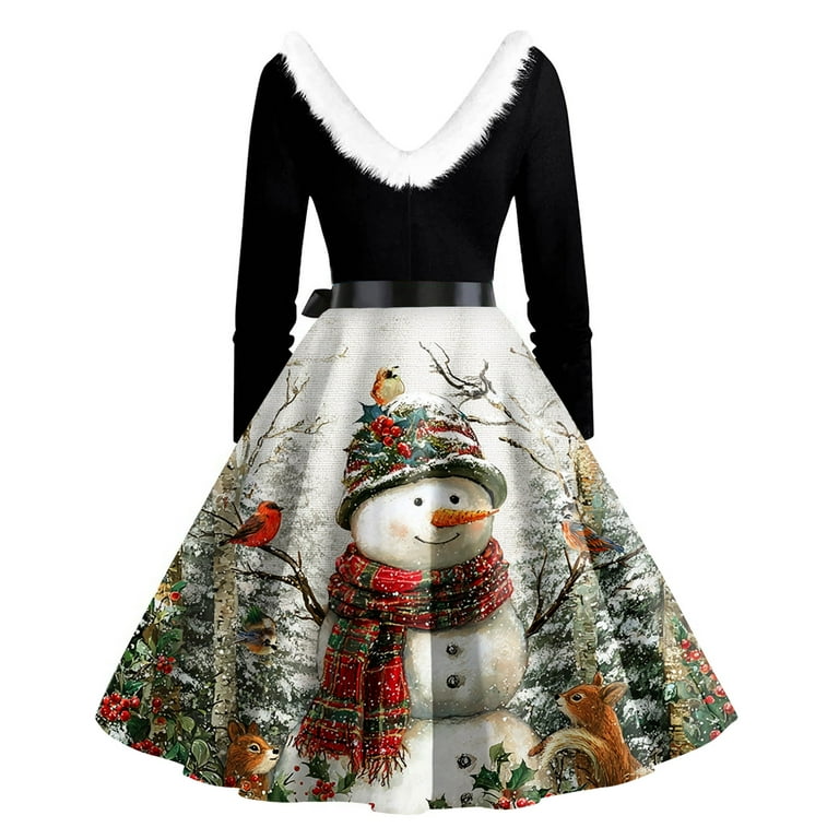 Christmas Print Flare Dress for Women Long Sleeve Dress Hollow Party Casual  Dresses, Christmas Gifts Women Idea for Holiday Fall and Winter 