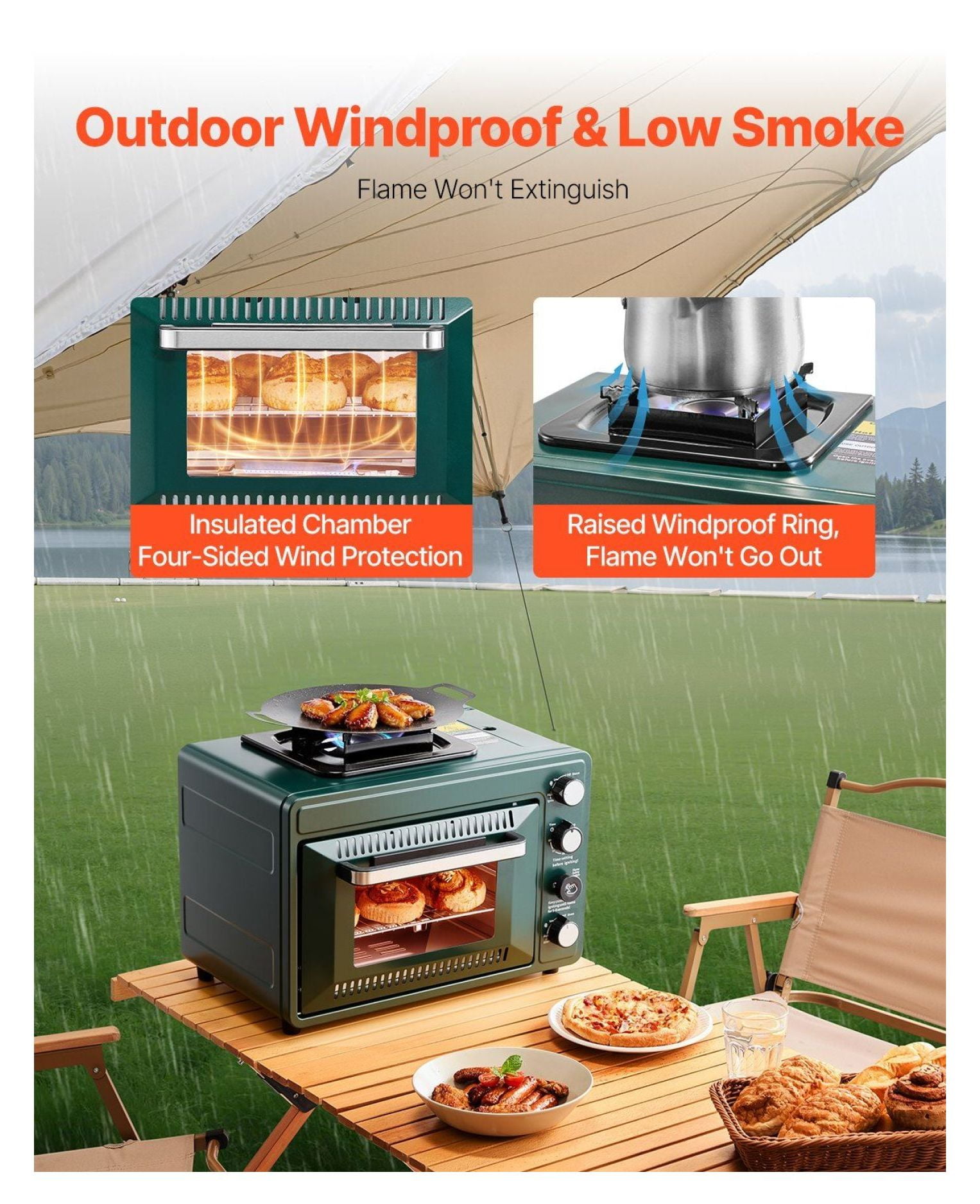2-in-1 Portable Gas Camping Stove with Oven, Windproof, 0-60 Min Timer, Outdoor Cooking