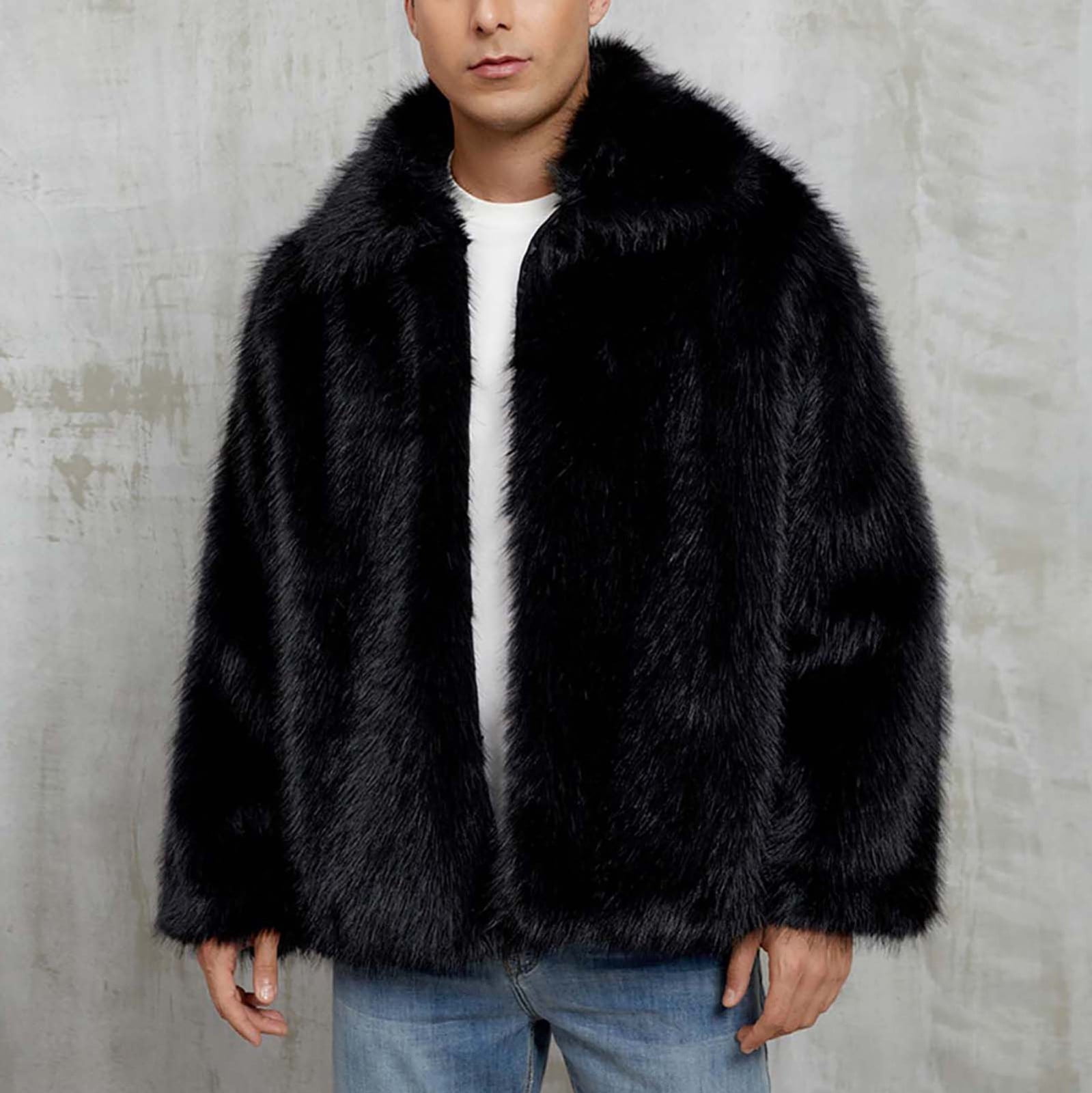 safuny Mens Faux Fur Coat Oversized Lapel Cropped Button Fuzzy