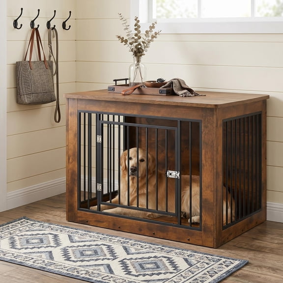 Wooden Dog Crate End Table with Drawer and Double Doors, 38 Inch Indoor Kennel for Medium Dogs, Safety Lock, Charcoal Finish