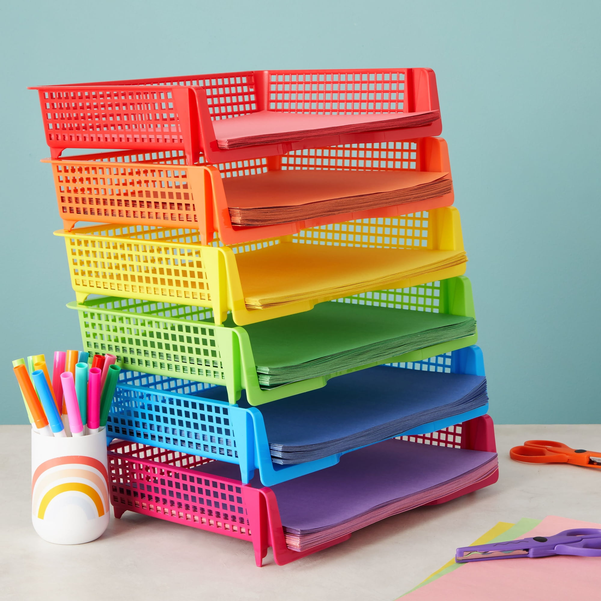 7 Pieces Classroom Paper Trays, Turn in Trays Classroom Colorful Paper  Organizer Baskets Plastic Crayon Pencil Storage Bins Shelf Bins with  Handles