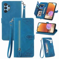 Mantto Wallet Case for Samsung Galaxy A32 5G,Flower Pattern Embossed PU Leather Kickstand Flip Folio Zipper Wallet Purse Cover Case with Card Holder Wrist Strap, Blue