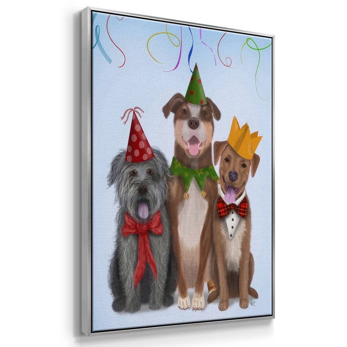 Christmas Party Mutts - Framed Gallery Wrapped Holiday Canvas - 27 x 41 - Silver Frame