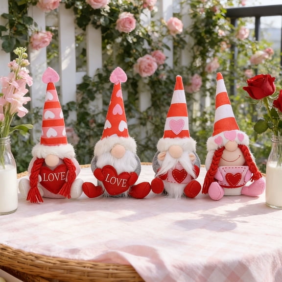 syligr 4 PCS Valentine's Day Gnome Plush Set with Heart and LOVE Designs Cuddly Plush Figures for Desk Decor Home Shelf Display Adorable Gift for Her Romantic Home Decorations
