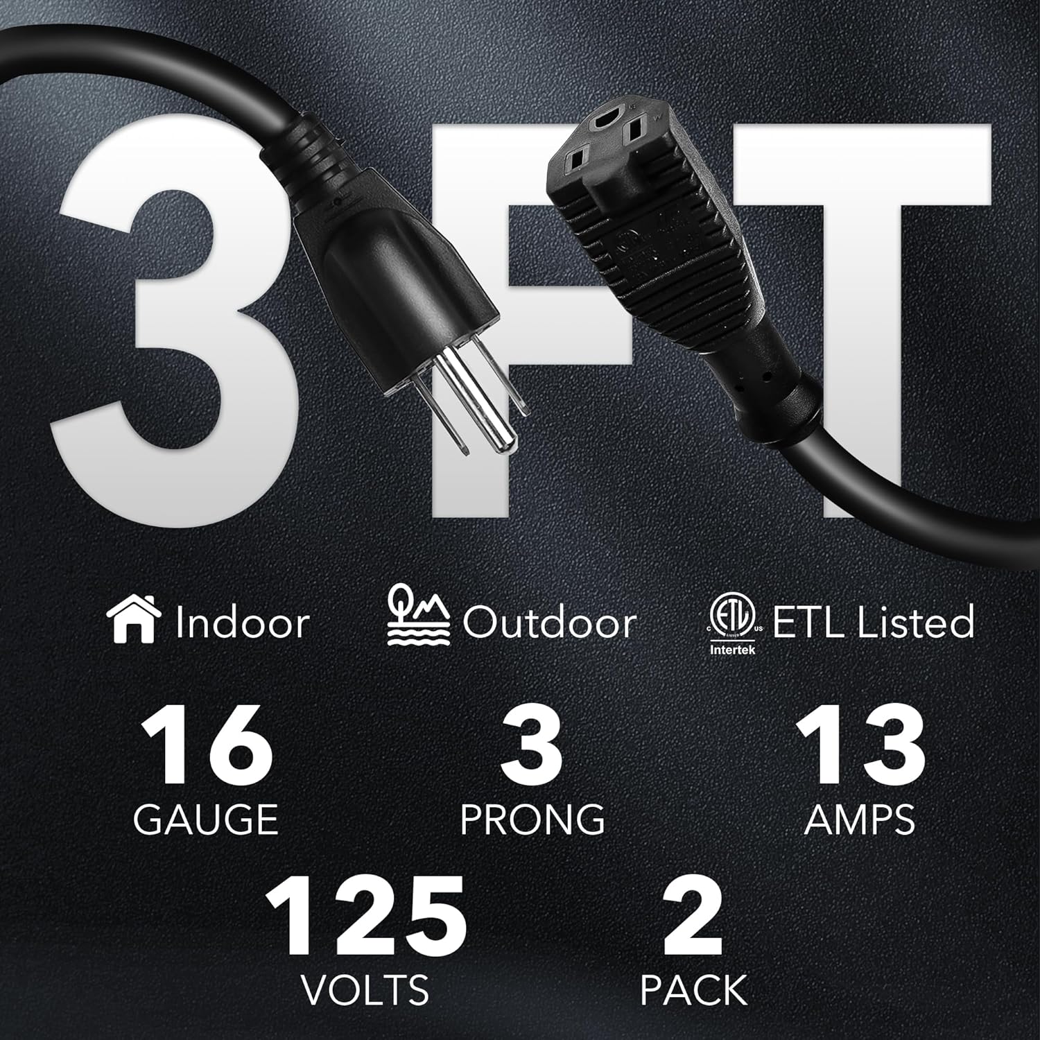 BN-LINK 3 Ft Extension Cord 16/3 SJTW (2-Pack) photo 6