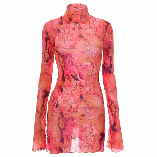 Gibobby Vestidos de suéter anchos Vestido de mujer con cuello redondo y mangas acampanadas con estampado de malla y abertura lateral en la cadera(Rojo,G)