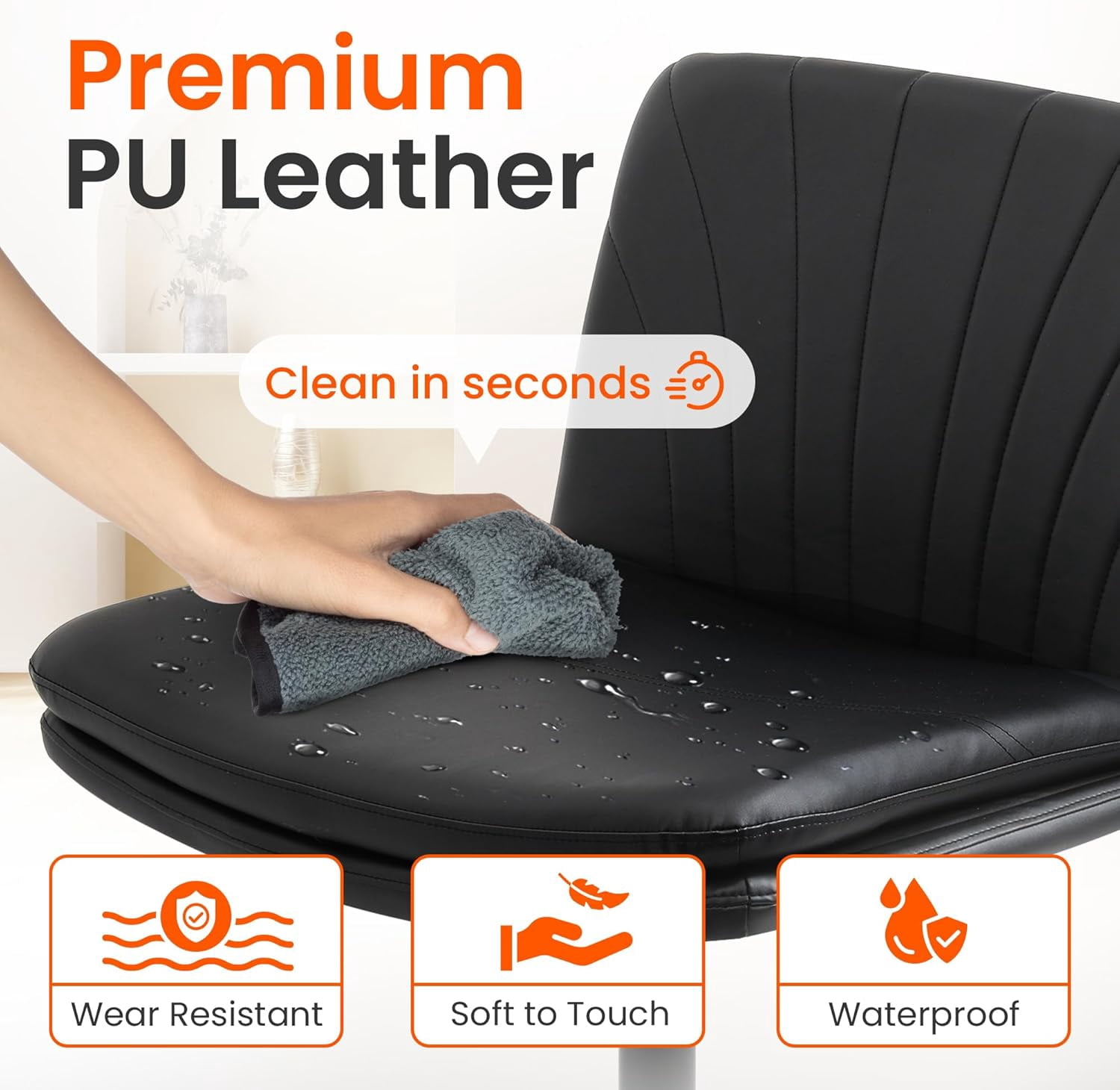 Orange Factory Criss Cross Chair with Wheels Comfy Wide Vanity Desk Chair Dual Base Leather Armless Adjustable Swivel for Home Computer Task (Black Pu, Faux Leather)