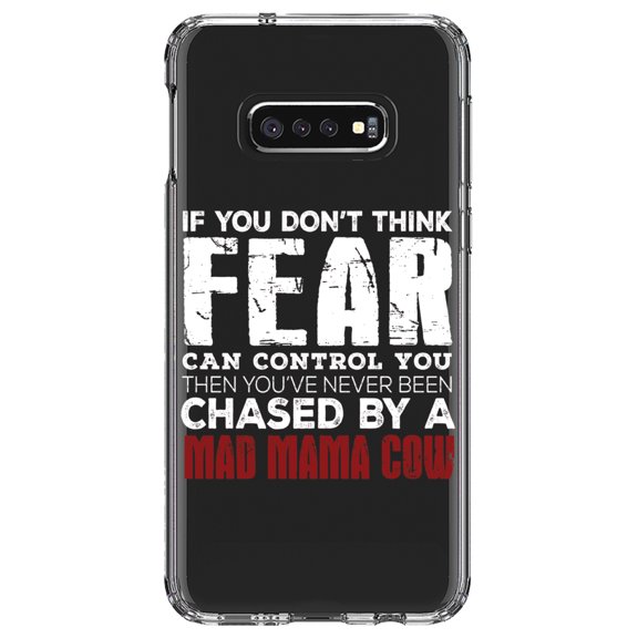 DistinctInk Clear Shockproof Hybrid Case for Samsung Galaxy S10e (5.8" Screen) - TPU Bumper Acrylic Back Tempered Glass Screen Protector - Never Been Chased By A Mad Mama Cow