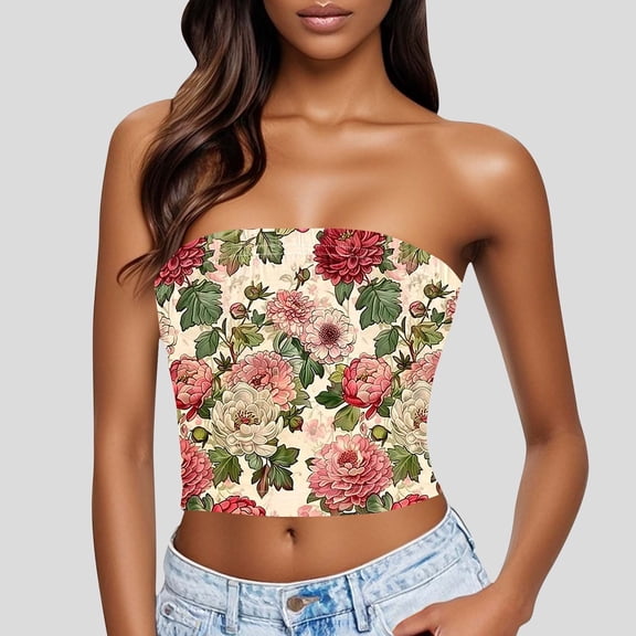 Zedker Women's Floral Tube Tops Ruffled Strapless Bandeau Sleeveless Loose Holiday Style Multicolor Plus L