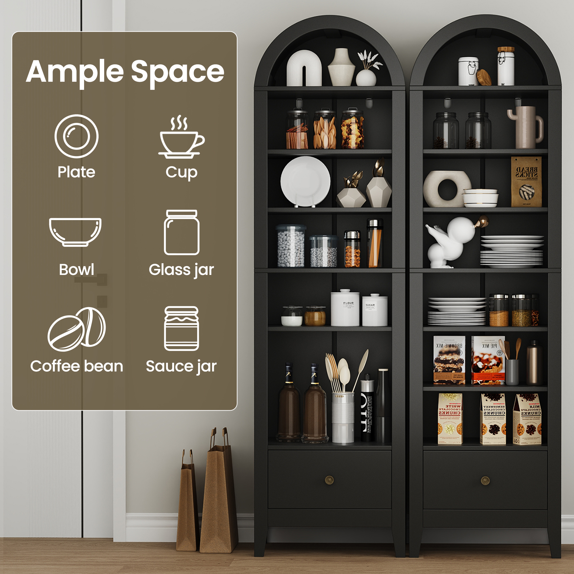 70" Arched Tall Kitchen Pantry Cabinet, 8-Tier Arched Storage Cabinet with Doors and Shelves, Shoe Cabinet for Entryway, Living Room, Hallway,Black