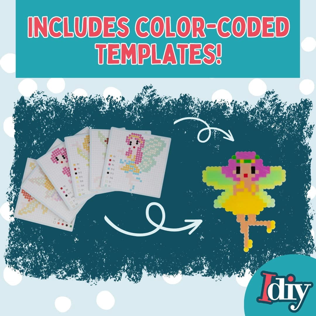 10,000pc Fuse Bead Fairy Kit w Carrier CASE - 25 Colors, 12 Unique Templates, 4 Peg Boards, Tweezers, Ironing Paper, Case - Works w Perler Beads, Pixel Art Color by Numbers Project Gift