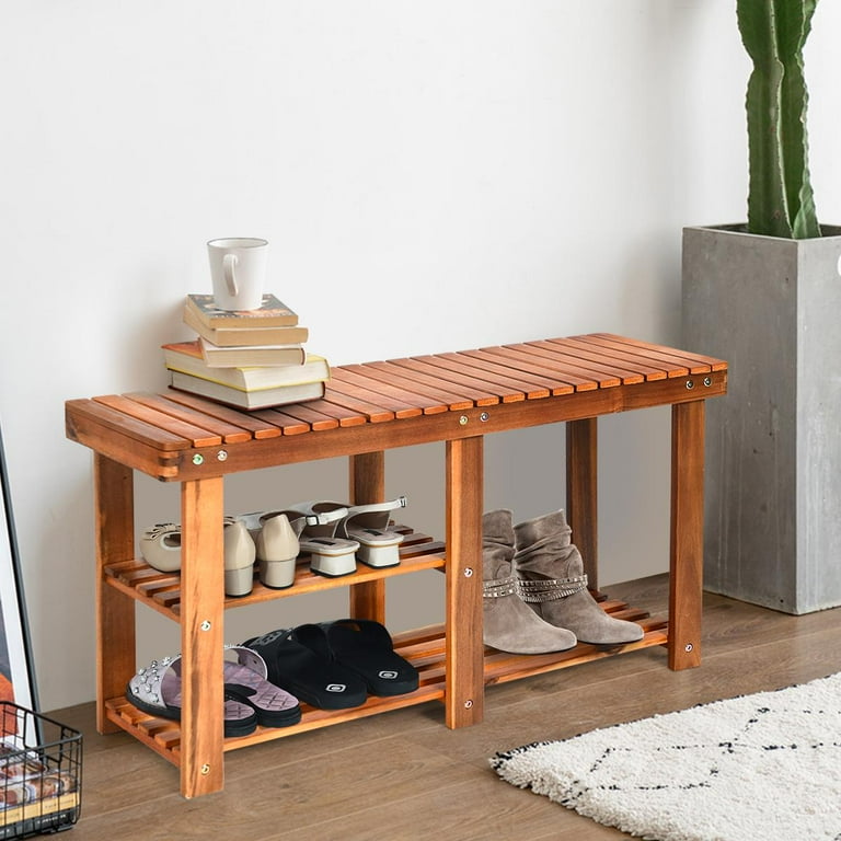 PATIOJOY Shoe Rack Bench, 3-Tier Shoe Organizer, Storage Shelf & Seat