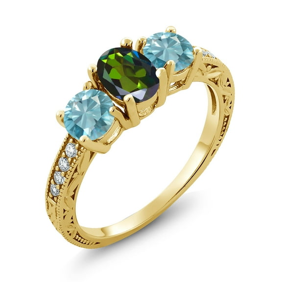 Gem Stone King 2.62 Ct Oval Green Mystic Topaz Blue Zircon 18K Yellow Gold Plated Silver Moissanite Ring (Size 5)