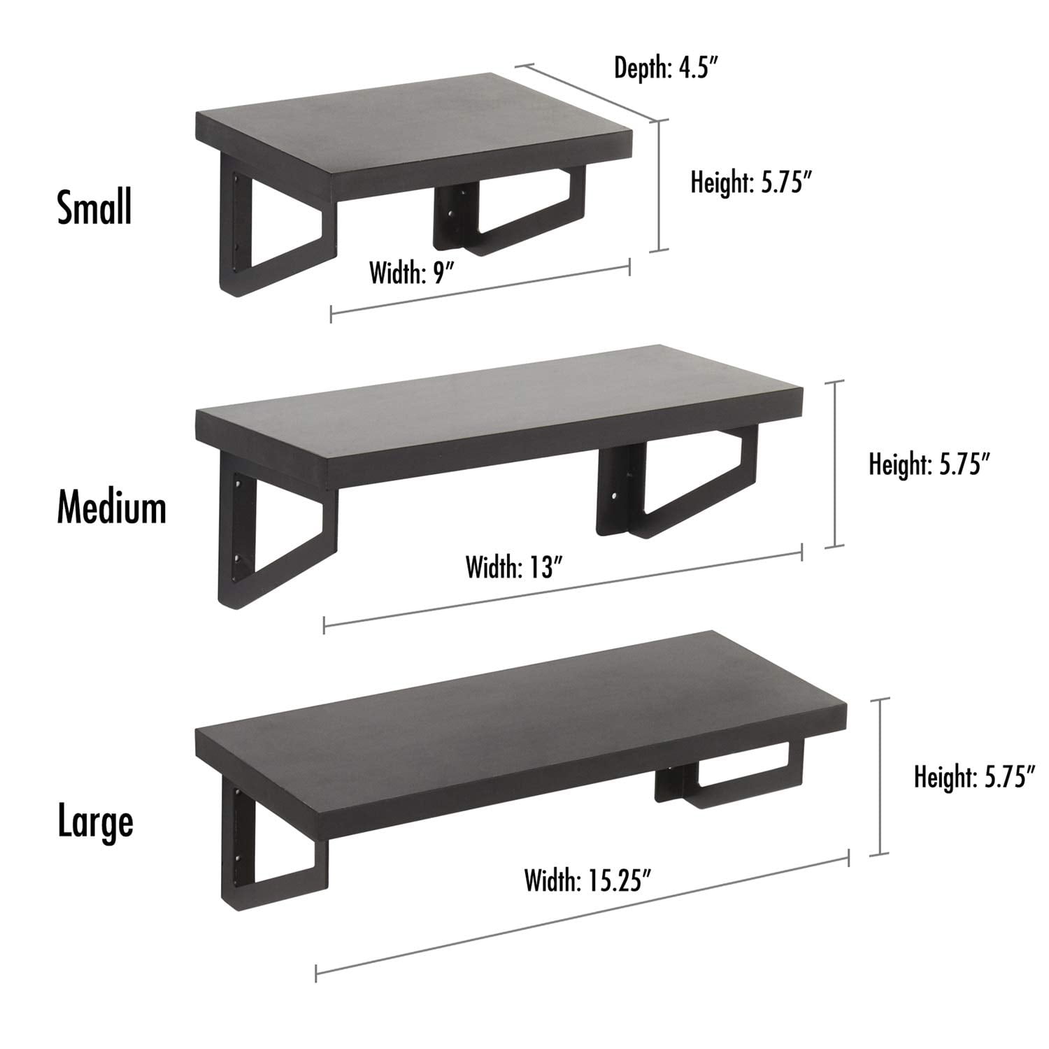 Americanflat Black Floating Shelves Set of 3 - Composite Wood Wall Mounted with Metal Brackets Display Ledges for Bedroom, Living Room, Bathroom, Kitchen, and Office