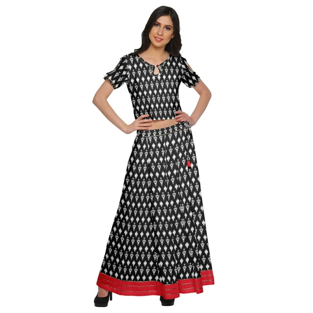 Moomaya Printed Cold Shoulder Cotton Crop Top Skirt Set Party Wear Ethnic Set