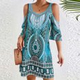 thumbnail image 2 of Vestido Alto Bajo para las Mujeres de Hombro Frío Cuello Redondo Impresión Bohemia Media Manga Mini Patinador Ropa de Playa de Verano Casual, 2 of 7